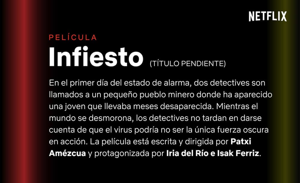 Isak Férriz and Iria del Río star in INFIESTO, the new film by Vaca Films for Netflix.
